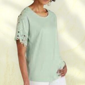 Soft Surroundings Sabrina Lace Embellished Short Sleeve Tee Women's M Aqua Foam